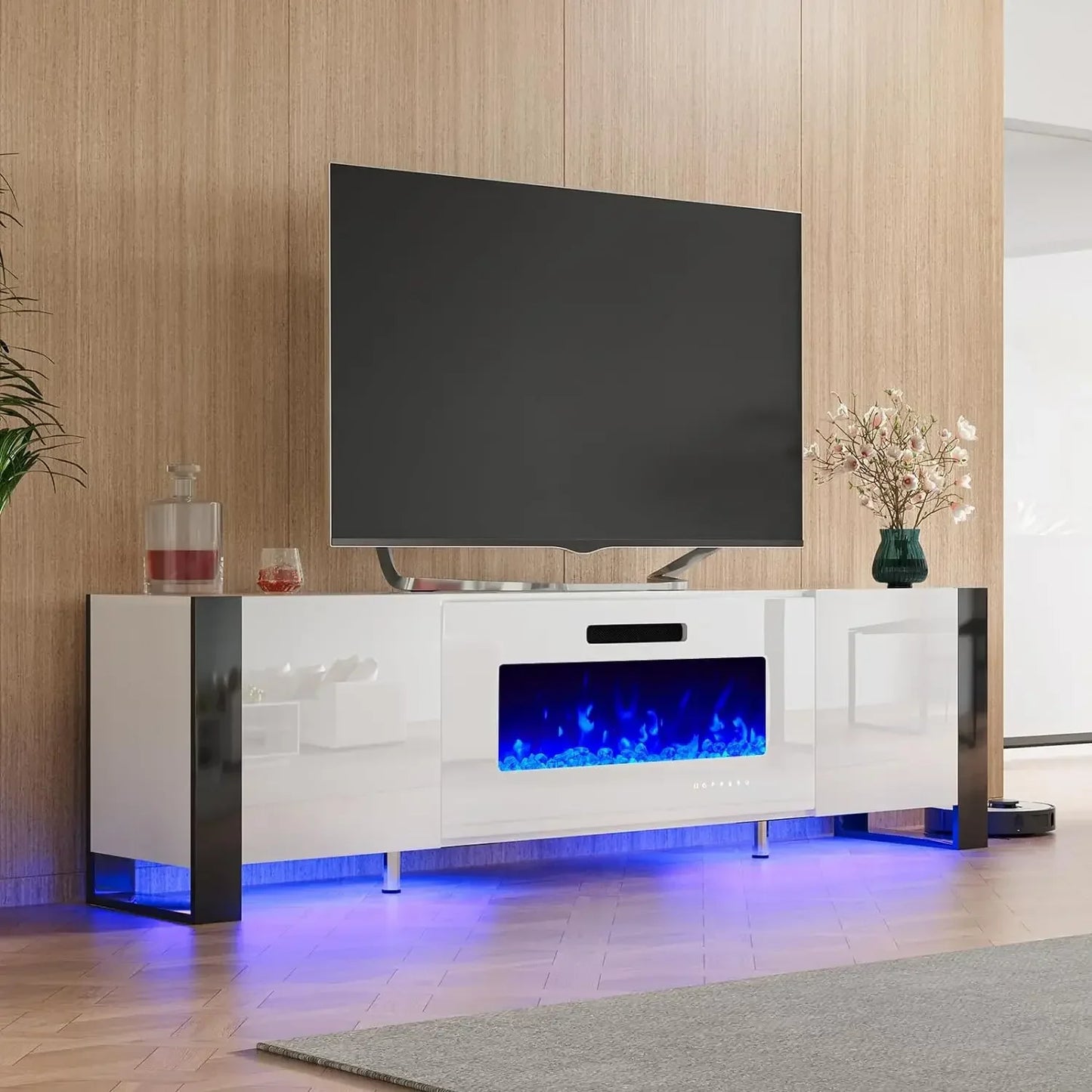 Fireplace TV Stand with 36" Fireplace, 70" Modern High Gloss Entertainment Center LED Lights,Cabinet for TVs Up to 80", Black