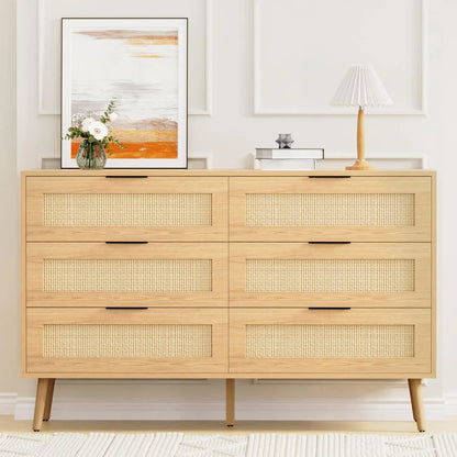 Wooden Dresser for Bedroom, Natural Rattan Dresser with Drawers 6 Drawer Chest of Drawers, Double Dressers Chest for Living Room