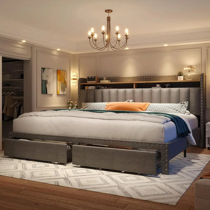 King Size Bed Frame with Storage and Headboard, Upholstered King Bed Frame with Storage, Grey King Bed Frame w 2 Drawers