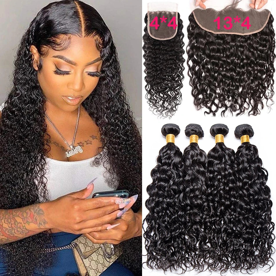 12A Water Wave Bundles With Frontal Wet and Wavy Virgin Curly Loose Deep Wave 100% Human Hair Bundles With Closure Peruvian Hair