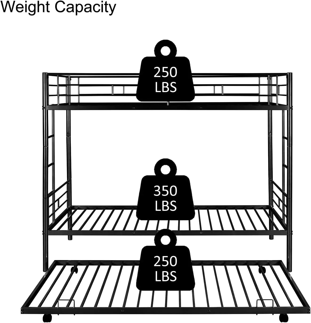 Twin Over Twin Metal Bunk Bed with Trundle Heavy Duty Bunk Beds Frame with 2 Side Ladders Convertible Bunkbed with Safety Guard