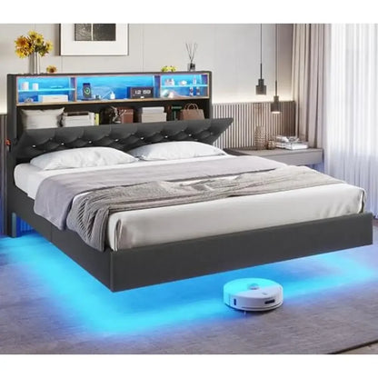 Floating Queen Bed Frame with Storage Headboard RGB LED Lights and Charging Station Modern Linen Upholstered Platform Bed Hidden