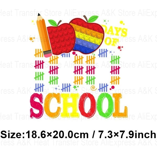 Happy 100 Days of School Heart Transfer Patches Iron On Clothing Kids Boy Rainbow DIY Washable Patches On Clothes Decals Decor