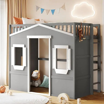 House Loft Bed Twin Kids Playhouse Bed, Solid Wood Loft Bed Frame with Window and Ladder, for Girls Boys (Twin Size, White)