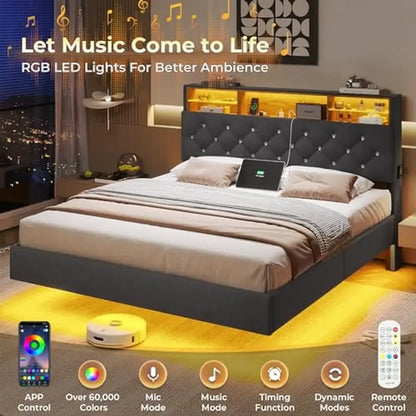 Floating Queen Bed Frame with Storage Headboard RGB LED Lights and Charging Station Modern Linen Upholstered Platform Bed Hidden