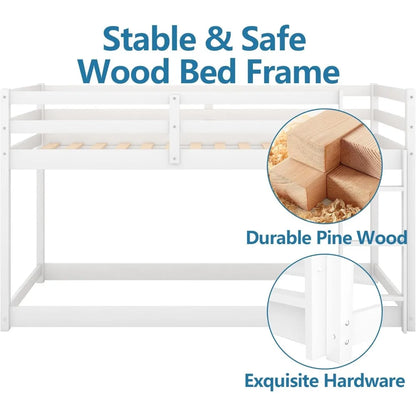 Twin Over Twin Bunk Bed, Low Floor Twin Bunk Beds Frame with Ladder & Full-Length Guardrail for Childs, 400LBS Capacity