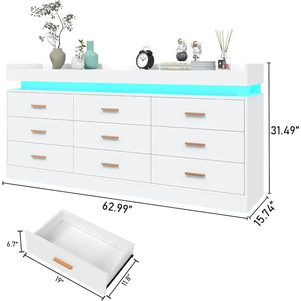 9 Drawer Dresser with LED Light, Modern Chest of Drawers for Closet, Wide Drawer Organizer Cabinet for Bedroom, White