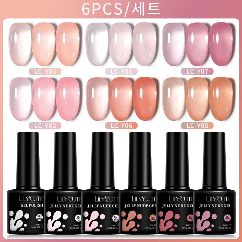 LILYCUTE 6PCS/SET 7ml Jelly Pink Nude Translucent Gel Nail Polish Set Semi Permanent Soak Off Nail Art Manicure Gel Set