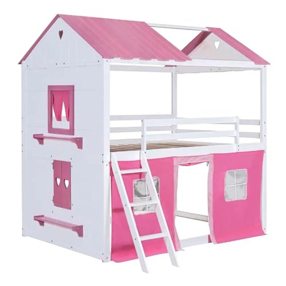 Kids Loft Bunk Bed House Twin with Tent Ladders Guardrail Windows Playhouse Wood Twin Over Twin Loft Bed Creative Design Storage