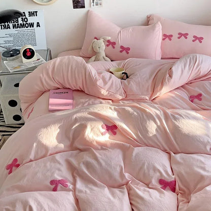 Cute Pink Bows Duvet Cover Set, 3D Embroidery Bedding Sets Pink Bed Set, Comfy Queen Comforter Covers Soft for Girls Kids Teens