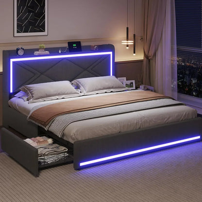 Bed Frame with Storage Drawers & LED Lights Headboard, Faux Leather Platform Bed with USB-C Charging Station