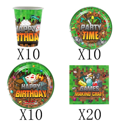 Cartoon Miner Craftings Pixel Tableware Set Theme Birthday Party Decor Cup Plate Napkin Cake Tablecloth Party Kids Baby Shower