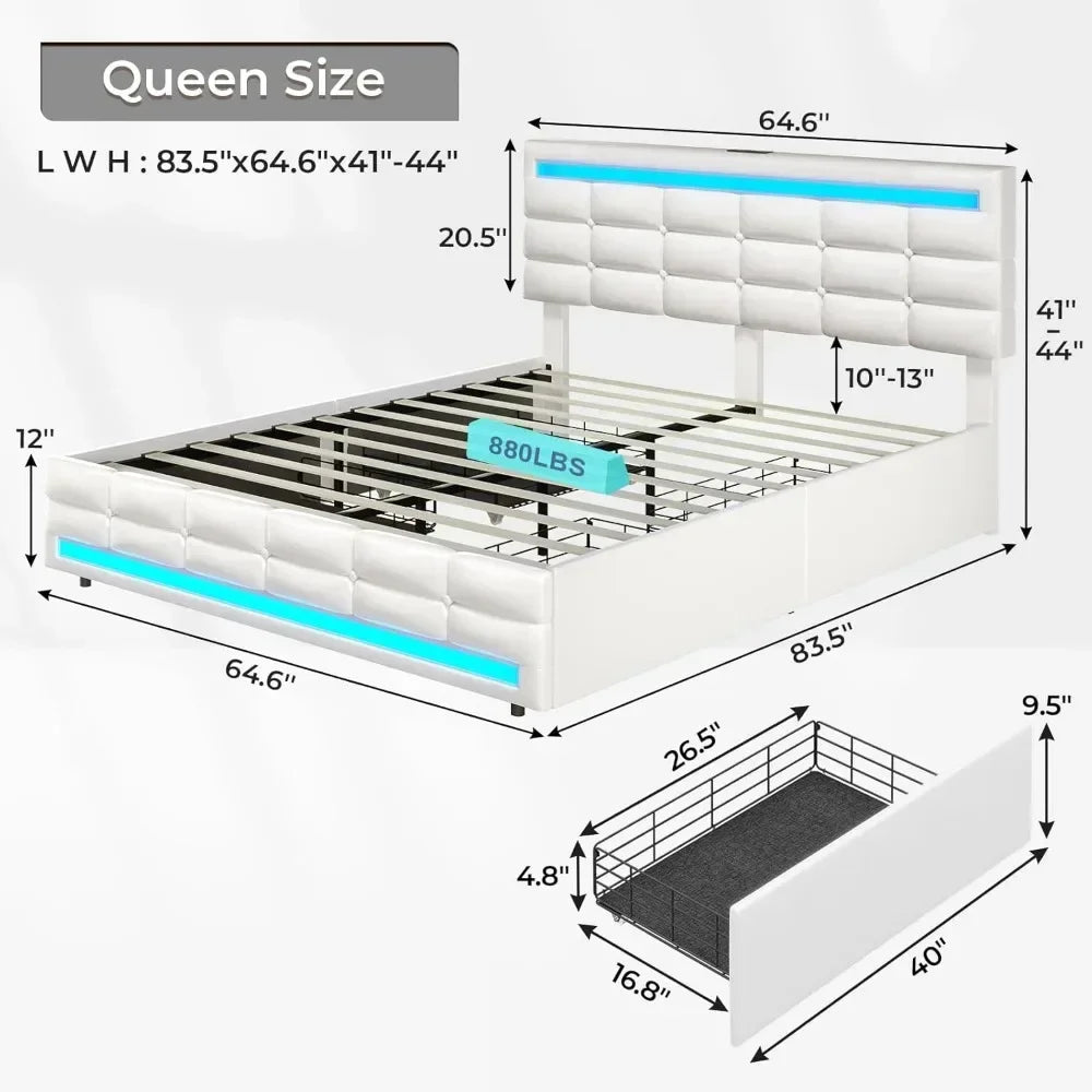 Bed Frame with Drawers, LED Bed Frame with Charging Station and Storage & LED Lights Headboard Footboard, Pu Leather Bed Frame