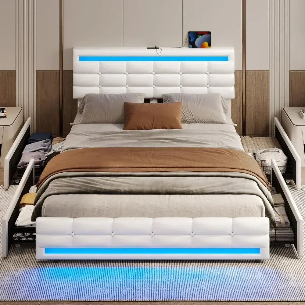 Bed Frame with Drawers, LED Bed Frame with Charging Station and Storage & LED Lights Headboard Footboard, Pu Leather Bed Frame