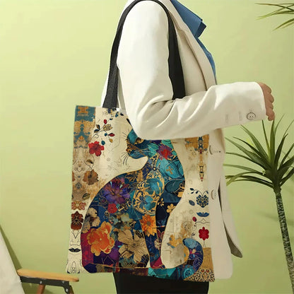 Ethnic Flower Cat Pattern Tote Bag, Aesthetic Canvas School Shoulder Bag, Lightweight Grocery Shopping Bag