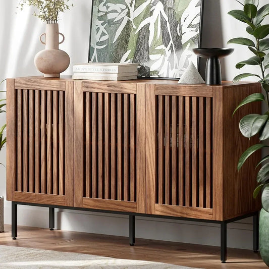 Storage Cabinet,47.2" Farmhouse Buffet Cabinet with Metal Base and Adjustable Shelves,Sideboard Coffee Bar Cabinet with 3 Doors