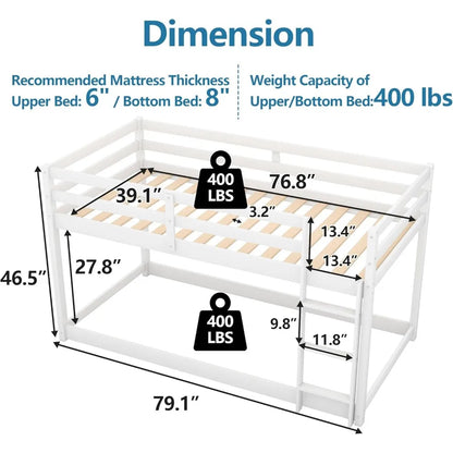 Twin Over Twin Bunk Bed, Low Floor Twin Bunk Beds Frame with Ladder & Full-Length Guardrail for Childs, 400LBS Capacity