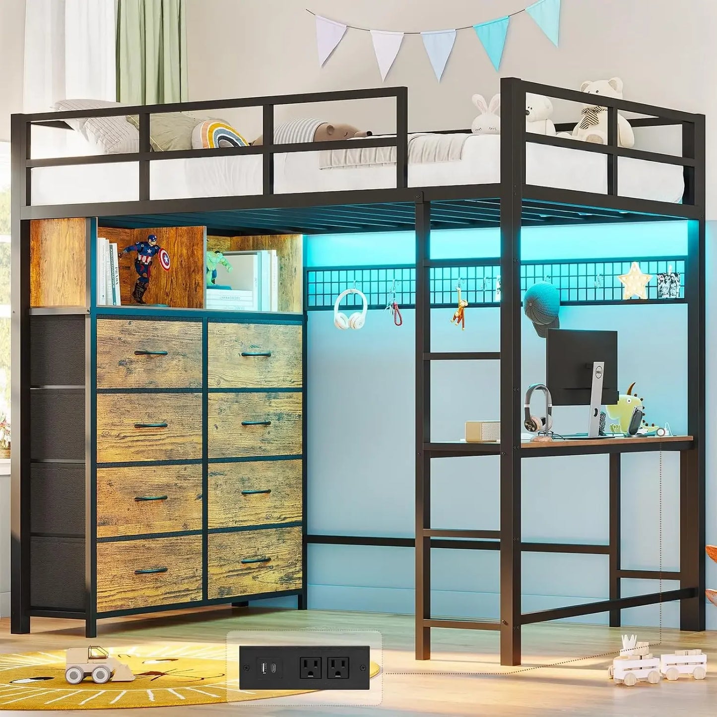 Twin Size Loft Bed with Desk and 8 Storage Drawers, Metal Loft Bed Twin with LED Lights & Charging Sation, Storage Shelves