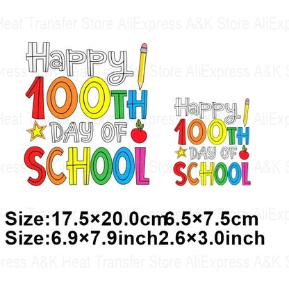 100 Days Of School Kids Thermo Stickers T-Shirt Diy Dinosaur Apple Owl Heat Transfer Boy Girls Iron On Heat Patch Decals