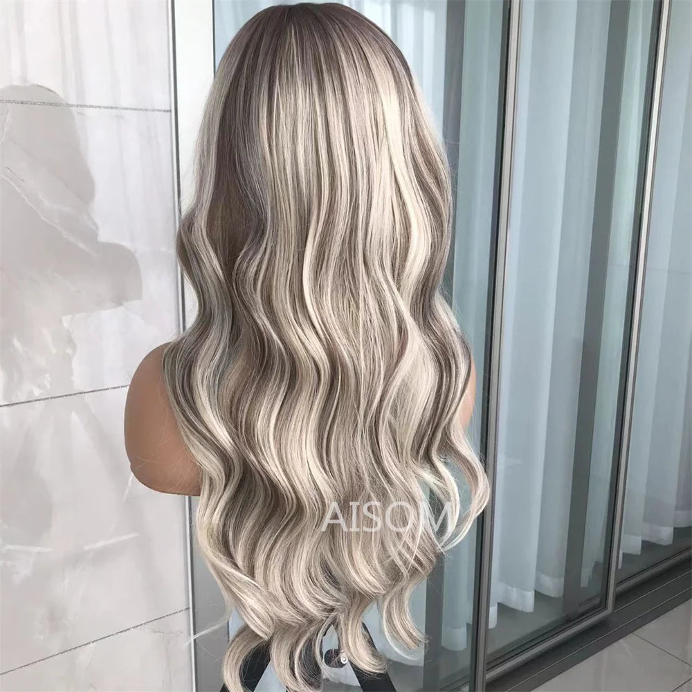 Body Wave Lace Front Wig Highlight Ash Blonde Lace Frontal Synthetic Wigs Pre Plucked Long Wavy Synthetic Lace Wig for Women