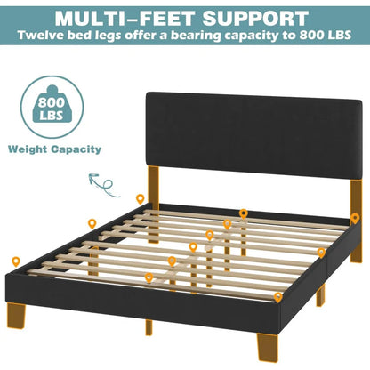 Queen Headboard,Linen Upholstered Bed Frame With Wood Slats Support,No Box Spring Needed,Heavy Duty Feet,Easy Ass