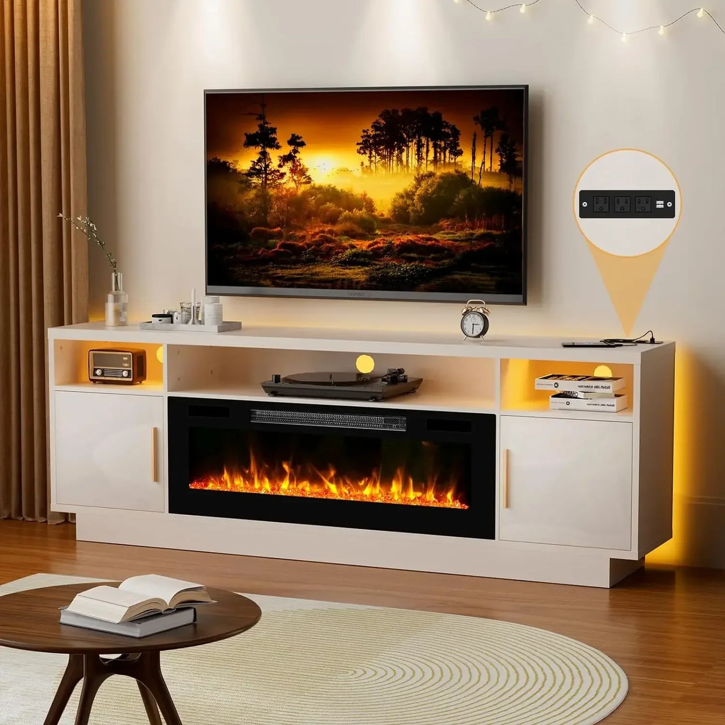 70''TV Stand with 36''Fireplace-LED Light Entertainment Center for 75+inch TV-White TV Cabinet,Modern TV Console for Living Room