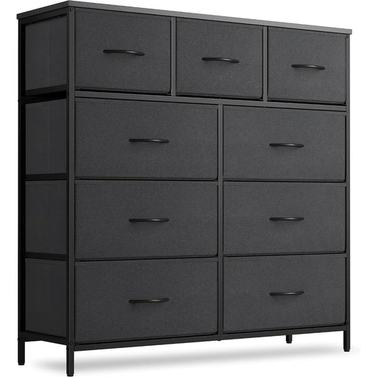 Dresser for Bedroom, 9 Drawer Storage Organizer Tall Wide Dresser for Bedroom Hallway, Sturdy Steel Frame Wood Top, Dark Black