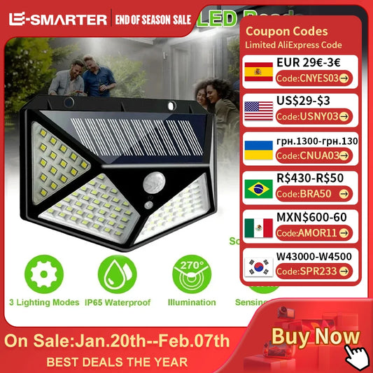 1/2/4/6Pcs 100 LED Wall Lights Outdoor Solar Lamp PIR Motion Sensor Solar Powered Sunlight Street Light for Garden Decoration