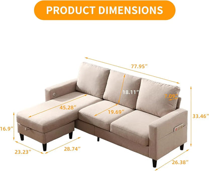 Convertible Sectional Linen Sofa for Living Room Apartment, L-Shaped Couch 3 Seats Sofas w/Storage Chaise & Charging Port, Beige