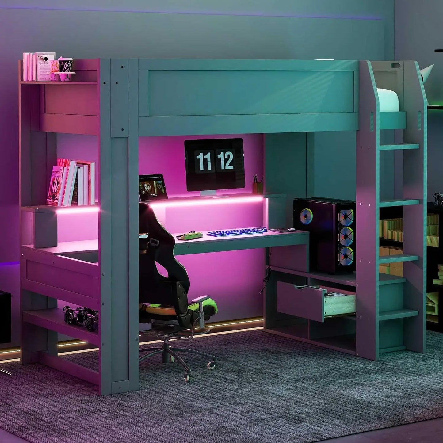 Full Size Gaming Loft Bed with Desk, LED and Charging Station, Wood Loft Bed with Multi-Storage Shelves and Drawers