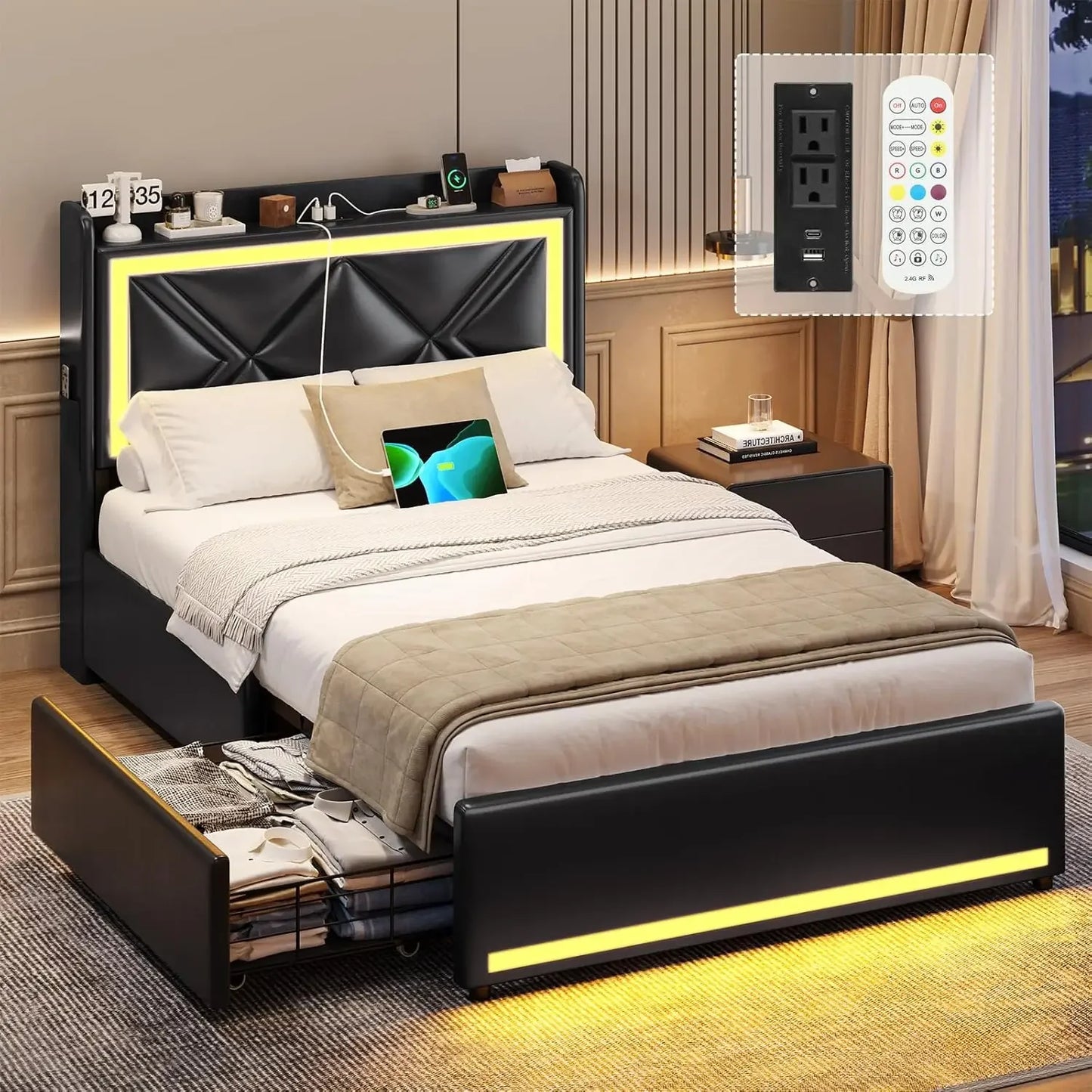 Bed Frame with Storage Drawers & LED Lights Headboard, Faux Leather Platform Bed with USB-C Charging Station