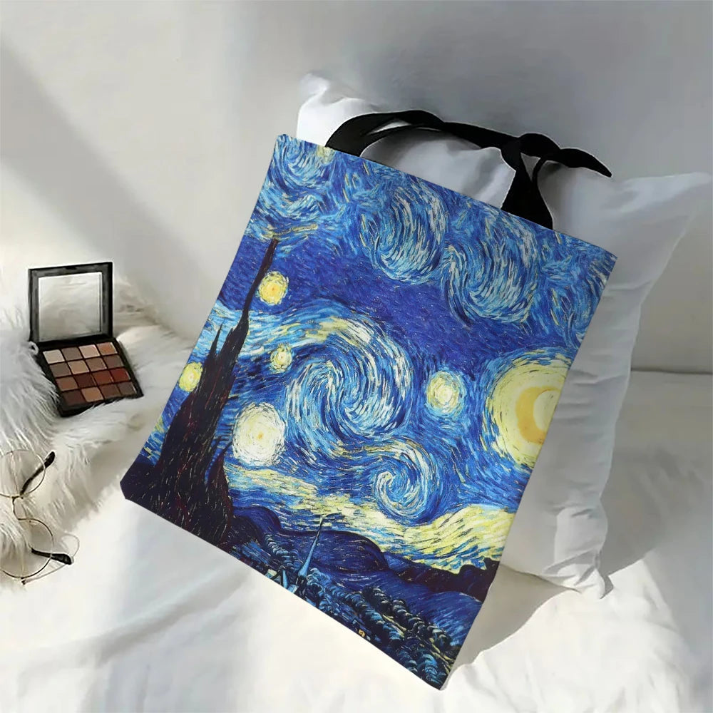 Canvas Bag Van Gogh Series Canvas Bag Oil Painting Starry Night Sunflower Apricot Flower Coffee Holder Handbag 30X35cm