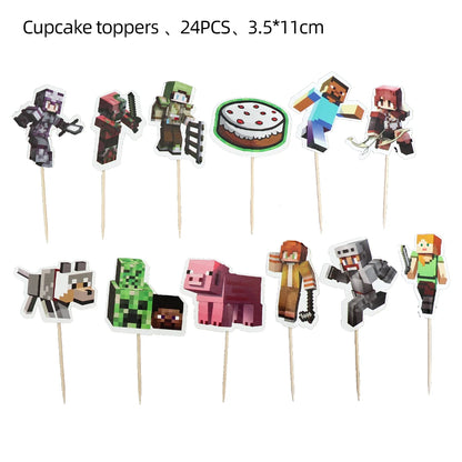 Cartoon Miner Craftings Pixel Tableware Set Theme Birthday Party Decor Cup Plate Napkin Cake Tablecloth Party Kids Baby Shower