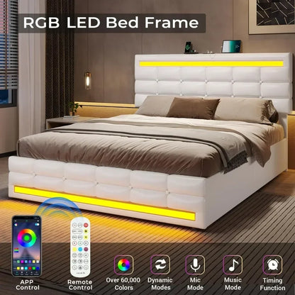 Bed Frame with Drawers, LED Bed Frame with Charging Station and Storage & LED Lights Headboard Footboard, Pu Leather Bed Frame