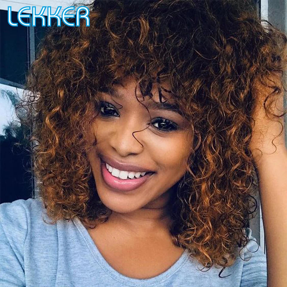 Lekker Colored Short Pixie Afro Kinky Curly Bob 100% Human Hair Wigs With Bangs For Women Brazilian Remy Hair Ombre Brown Wigs