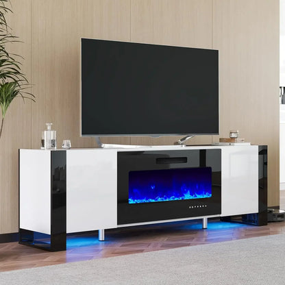 Fireplace TV Stand with 36" Fireplace, 70" Modern High Gloss Entertainment Center LED Lights,Cabinet for TVs Up to 80", Black