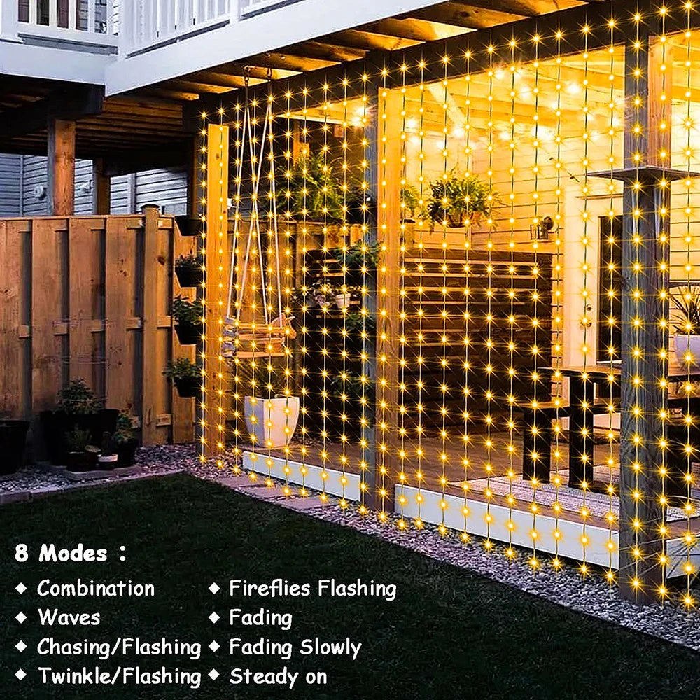 3x3M 300Leds Solar Curtain String Lights Outdoor Waterproof Garden Decoration Fairy Garland 8 Lighting Modes Christmas Lighting