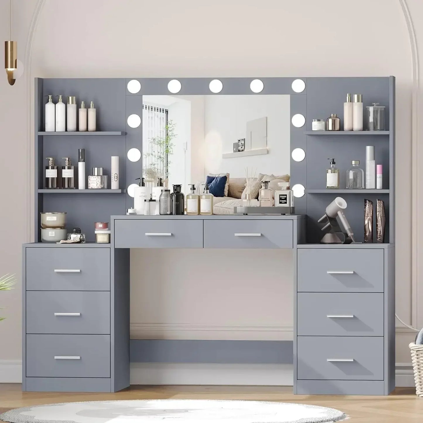 Makeup Vanity Table with Mirror & Lights, Vanity Desk with Power Strip, Large Drawer & Six Open Storage Dresser, Dressing Table