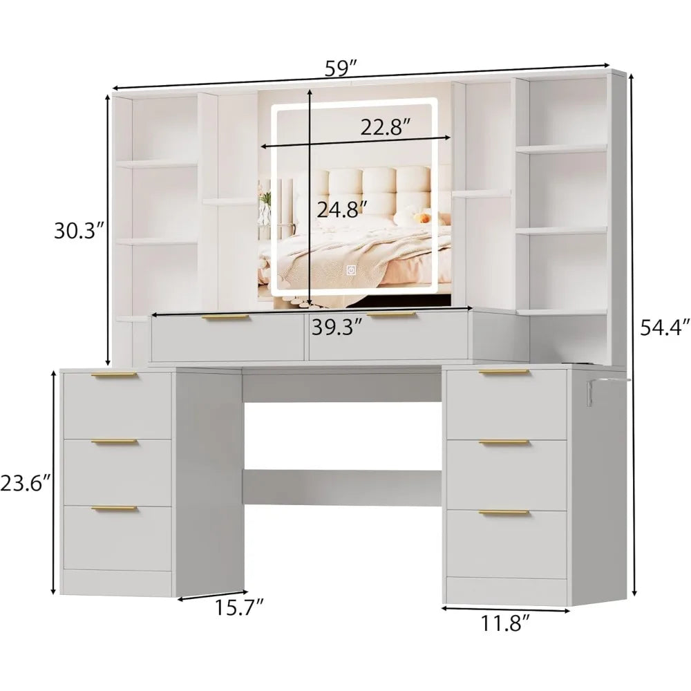 Large Makeup Vanity Desk, 3 Lighting Modes Brightness Adjustable, Drawers, Shelves, Hair Dryer Stand, Vanity Desk Dresser Table