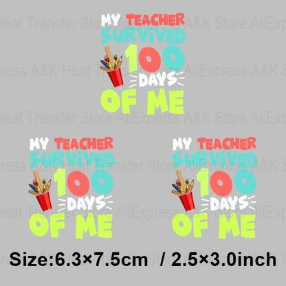 100 Days Of School Kids Thermo Stickers T-Shirt Diy Dinosaur Apple Owl Heat Transfer Boy Girls Iron On Heat Patch Decals