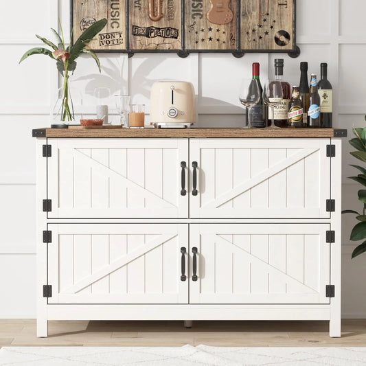 Vabches Sideboard Buffet Cabinet with 4 Doors Kitchen Storage Cabinet Wooden Coffee Bar Buffet Cabinet for Dining Room Furniture