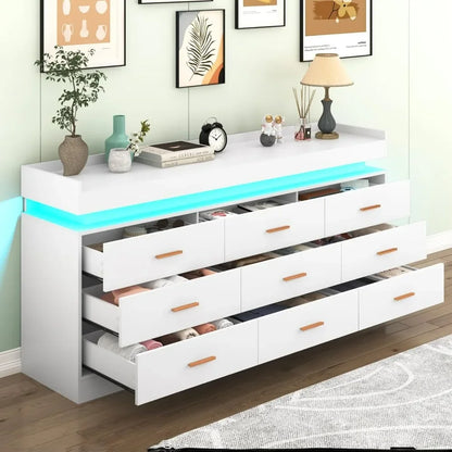 9 Drawer Dresser with LED Light, Modern Chest of Drawers for Closet, Wide Drawer Organizer Cabinet for Bedroom, White