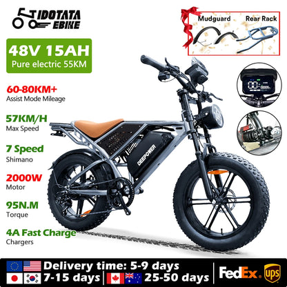 IDOTATA-S7 Electric Bike for Adults, Dual Battery, 48V, 70Ah, 20inch, 4.0 Fat Tires,Snow Mountain E-Bike, 2000W Electric Bicycle