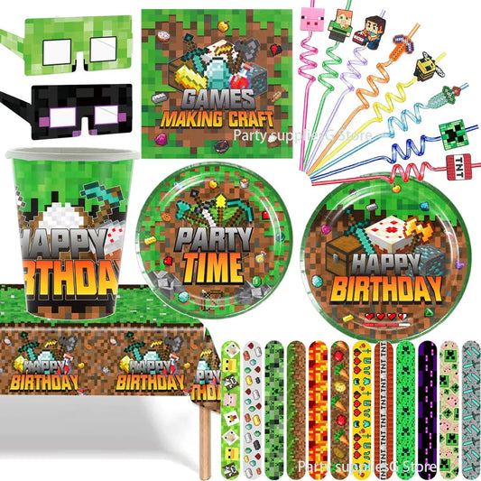 Cartoon Miner Craftings Pixel Tableware Set Theme Birthday Party Decor Cup Plate Napkin Cake Tablecloth Party Kids Baby Shower