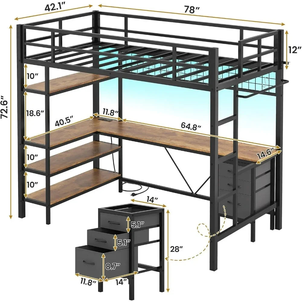 Bunk Beds Loft Bed Twin Size, L-Shaped Desk Charging Station and LED Lights, 4-Tier Bookshelf and 3 Drawers,  Muebles Beds