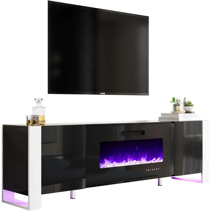 Fireplace TV Stand with 36" Fireplace, 70" Modern High Gloss Entertainment Center LED Lights,Cabinet for TVs Up to 80", Black