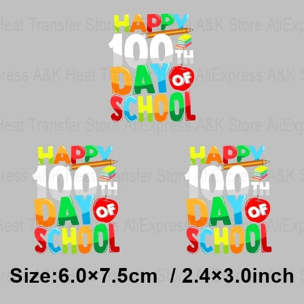 Happy 100 Days of School Heart Transfer Patches Iron On Clothing Kids Boy Rainbow DIY Washable Patches On Clothes Decals Decor