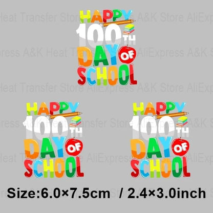 Happy 100 Days of School Heart Transfer Patches Iron On Clothing Kids Boy Rainbow DIY Washable Patches On Clothes Decals Decor