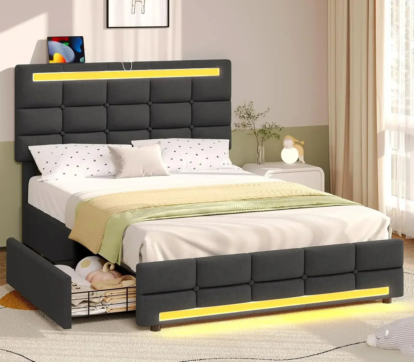 Bed Frame with Drawers, LED Bed Frame with Charging Station and Storage & LED Lights Headboard Footboard, Pu Leather Bed Frame