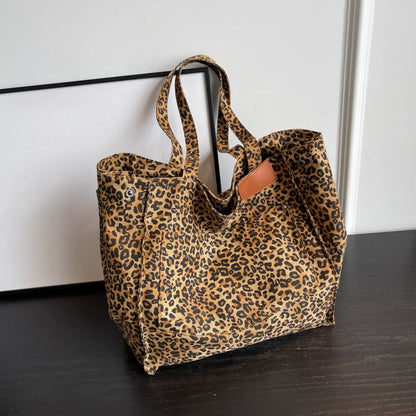 Fashion Large Capacity Handbag Leopard Pattern Tote School Work Shopping Bag Retro Canvas Shoulder Bag